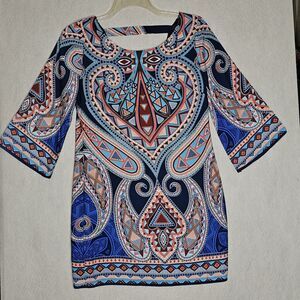 Pink Owl Boho Blue Dress Womens Small Colorful Hippie Paisley Print Bell Sleeves